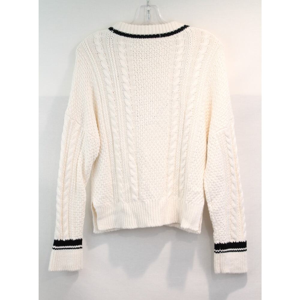 Abercrombie Fitch Sweater Womens size S Ivory Varsity Cable Cuff V-Neck Trim - Picture 5 of 8